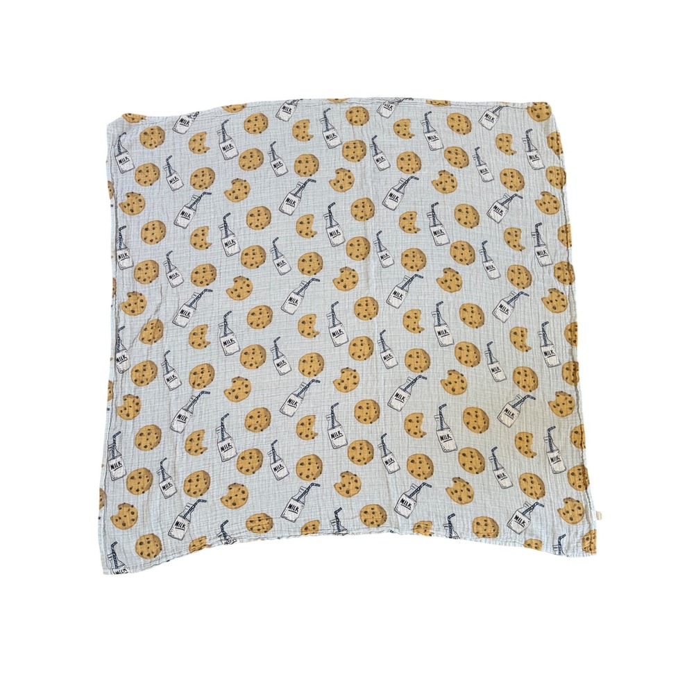 Mud Pie Cookies and Milk Muslin Swaddle Blanket Blue 100% Cotton 44x44
